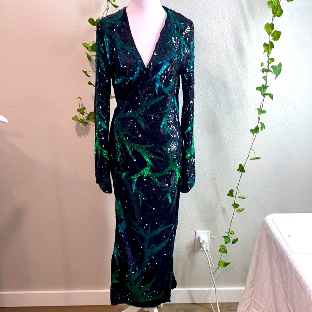 ATTICO Elegant‎ Sequin Wrap Dress Black and Green, Long Sleeve Maxi Dress Size40